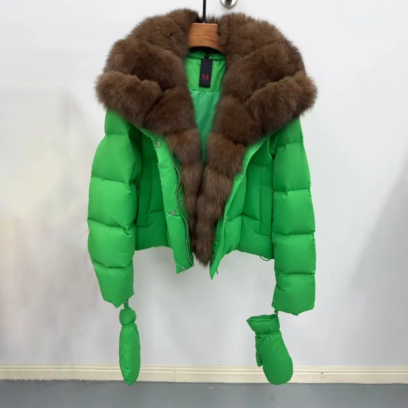 Alta qualidade inverno novo feminino gola de pele de raposa com capuz jaqueta y2k moda casual grosso quente ganso para baixo casaco luvas quentes