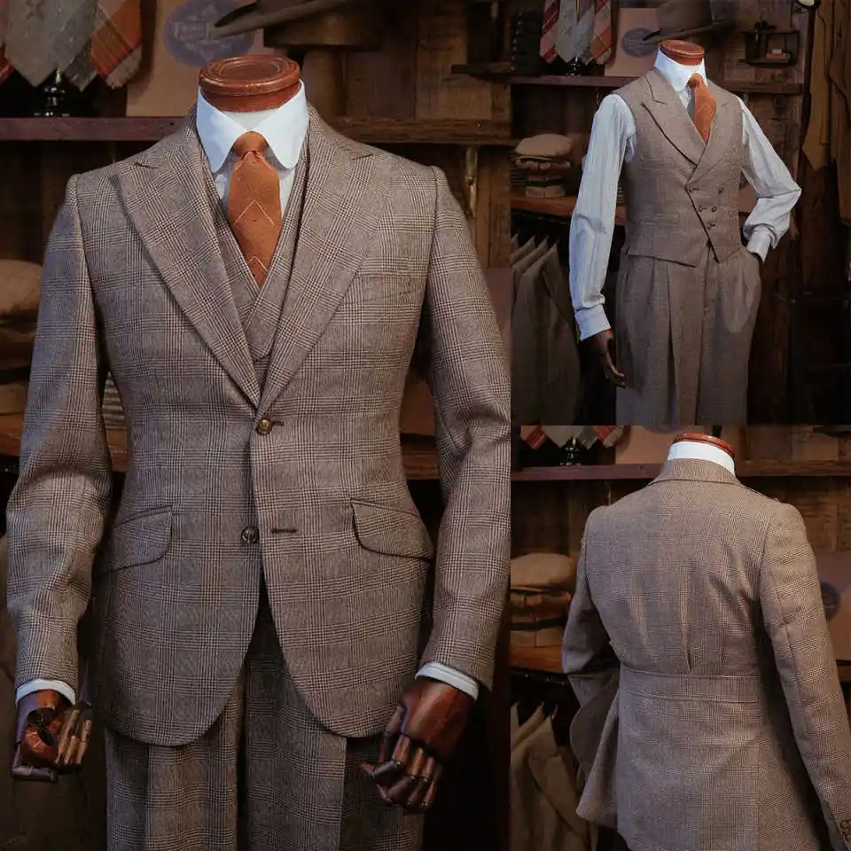 

Brown Men's Suit Slim Fit 3-piece Jacket Pants Vest Single Breasted Plaid Stripes Wedding Grooms Costume Customized