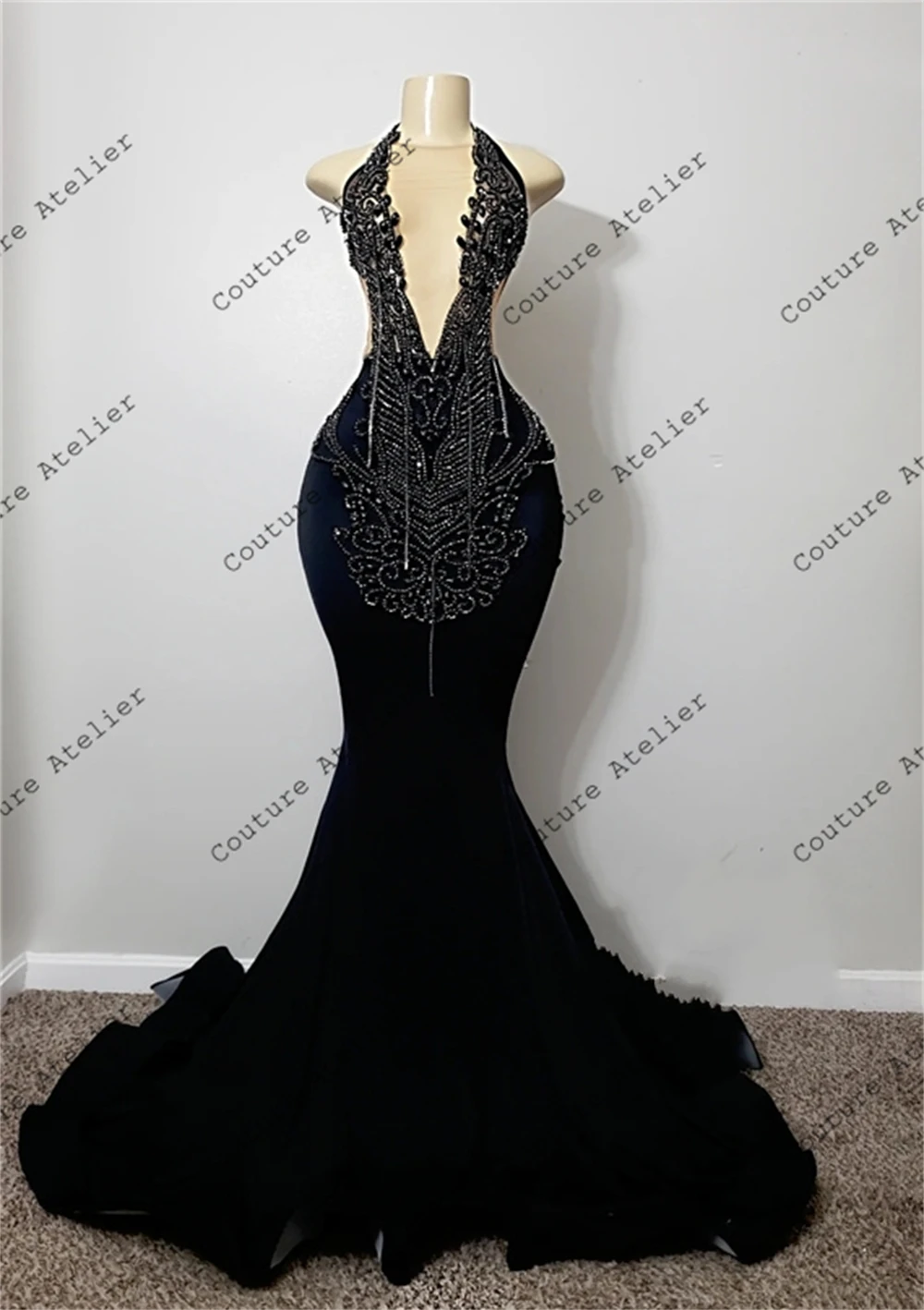 Black Tassels Crystal Halter Prom Dresses 2024 For Black Girls Silver Beaded Mermaid Wedding Evening Dress Formal Customized