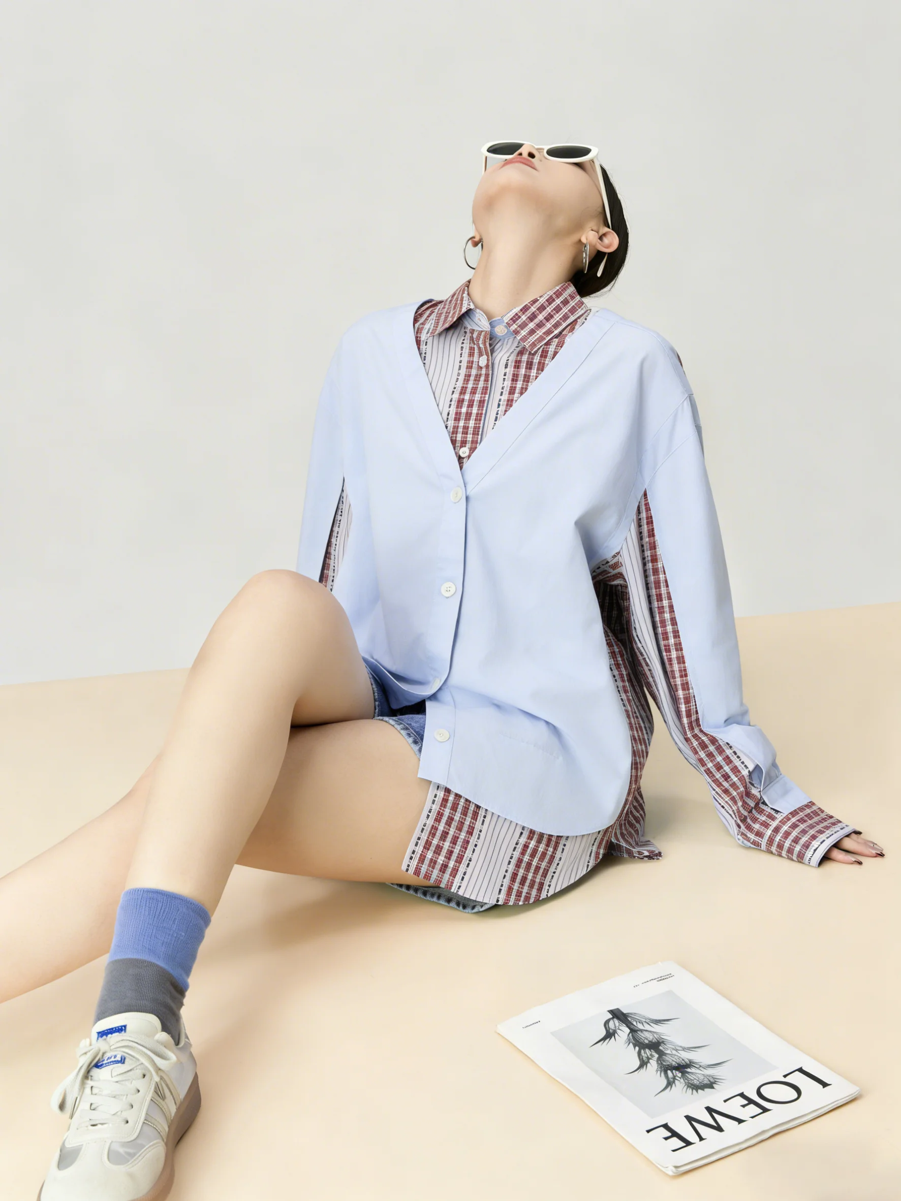 

Blue Plaid Splice Color Block Long Sleeve Women's Shirt Casual Loose Fit Spring Fashion Top Button up Style G18322