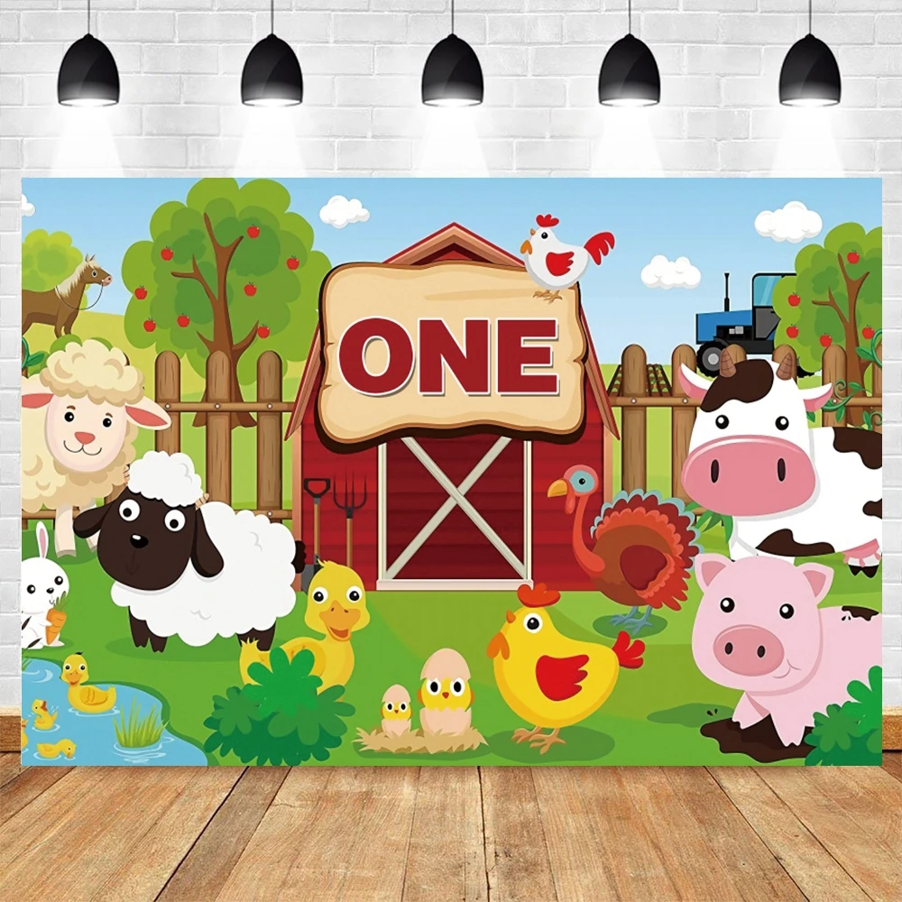 Cartoon Farm Animals fondale Barn Tractor neonato Birthday Party Decor fotografia sfondo Banner Photo Studio puntelli