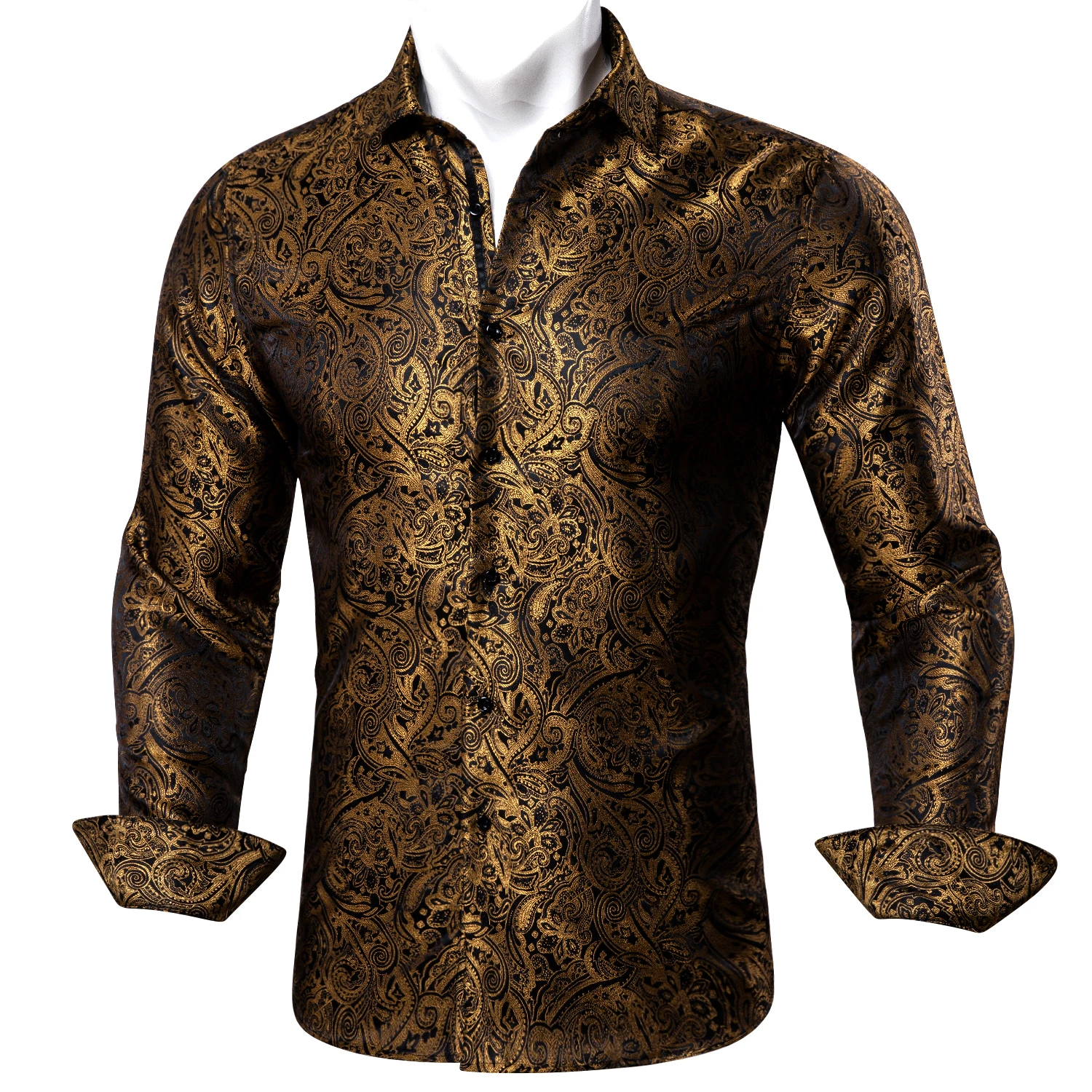 Barry.Wang 4XL Luxury Gold Paisley Silk Shirts Men Long Sleeve Casual Flower Shirts For Men Designer Fit Dress Shirt BY-0061
