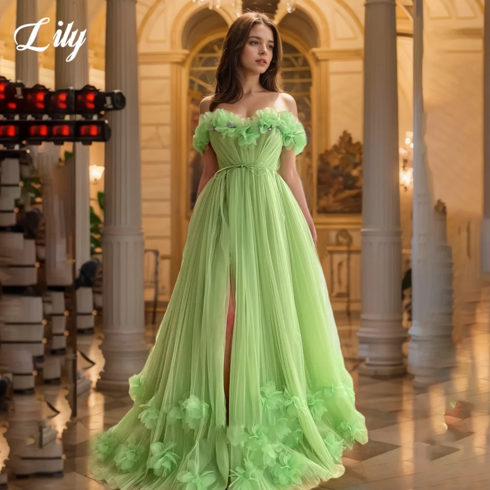 

Lily Green Elegant Prom Dress 3D-Flowers Sweetheart Backless Party Dress Tulle Side High Split Formal Gown for Woman Customized