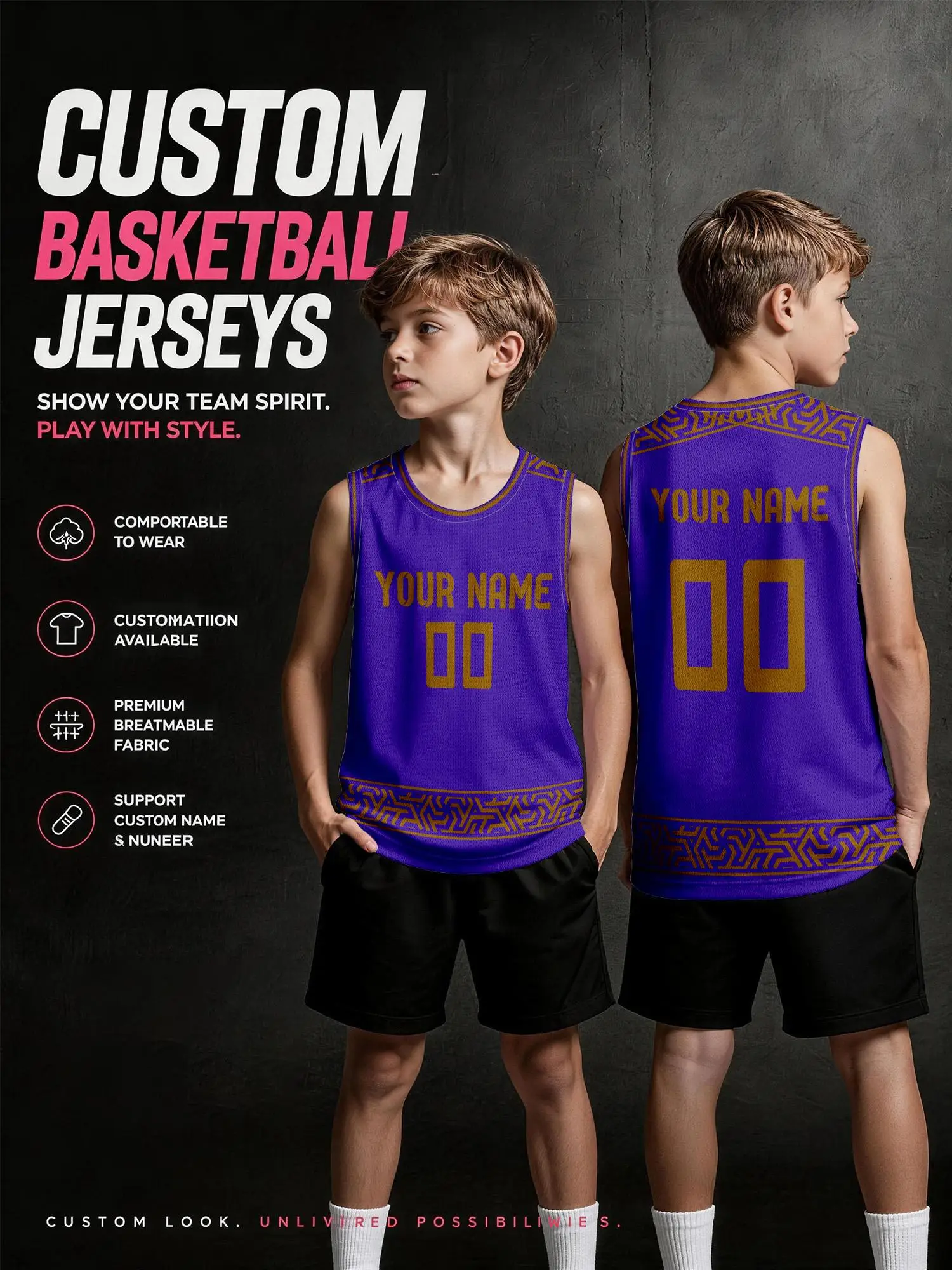 Camiseta de Baloncesto Personalizada con Patrón Dorado y Morado, Uniforme para Adultos y Niños, Impresión de Nombre y Número