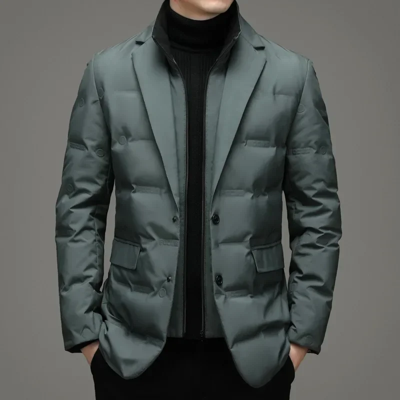 2026 Men's Winter New Fake Two-Piece Warm Blazer Business Leisure Warm Stand-up Collar Down Jacket