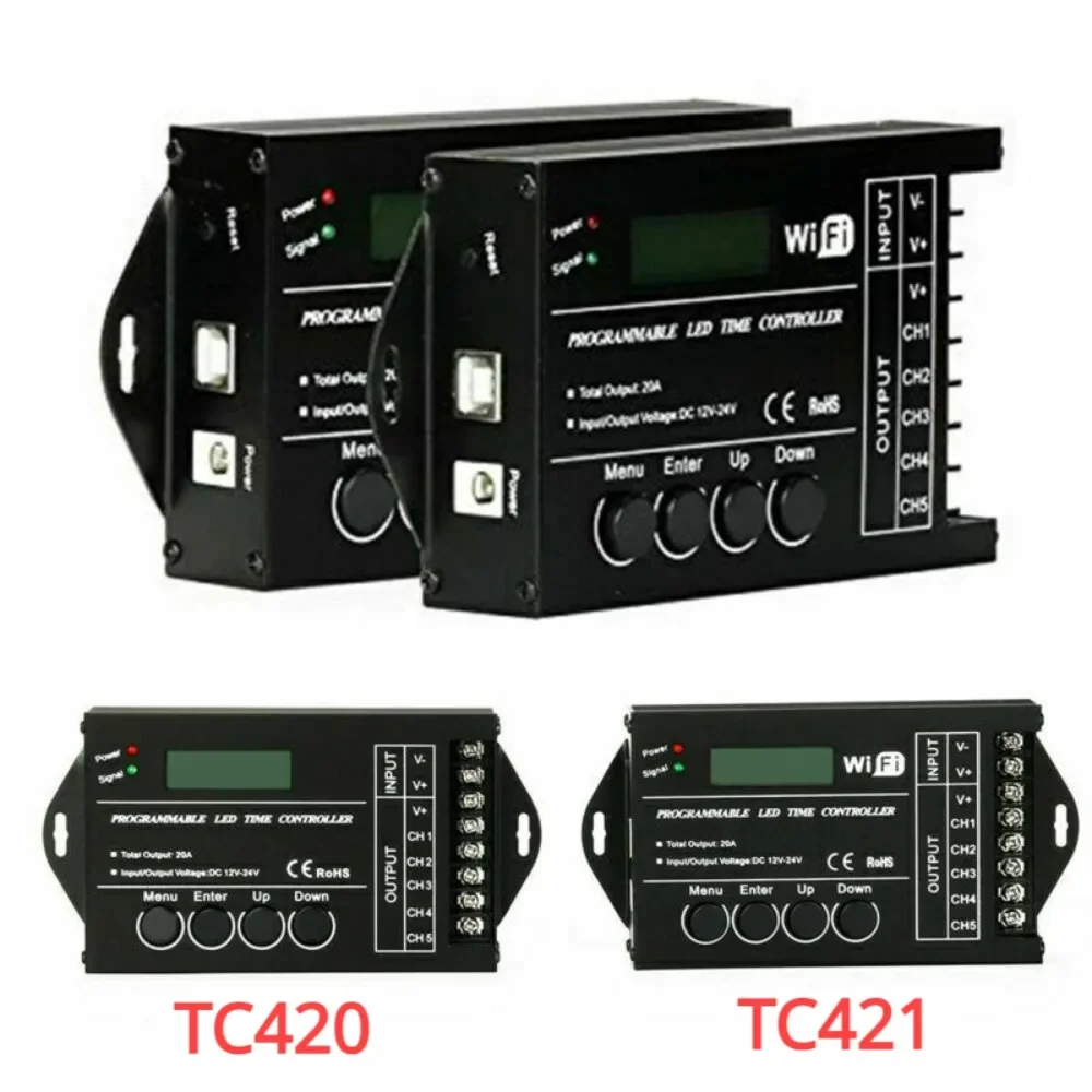 TC420 TC421 LED Time Dimmer RGB Controller, WIFI 20A DC12V/24V Time Programable RGB LED Controller Dimmer 5CH Output