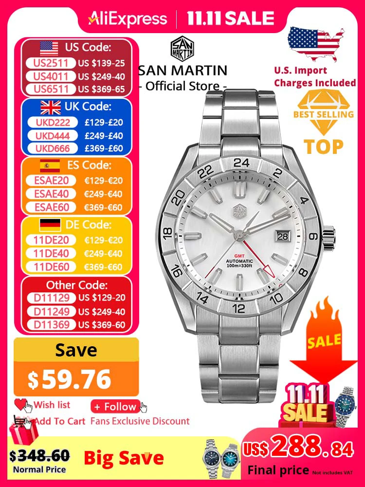 

San Martin 42mm MOP Dial Men's Luxury Watches Business Dress Watch NH34 GMT Automatic Mechanical Sapphire Luminous 10Bar SN0130