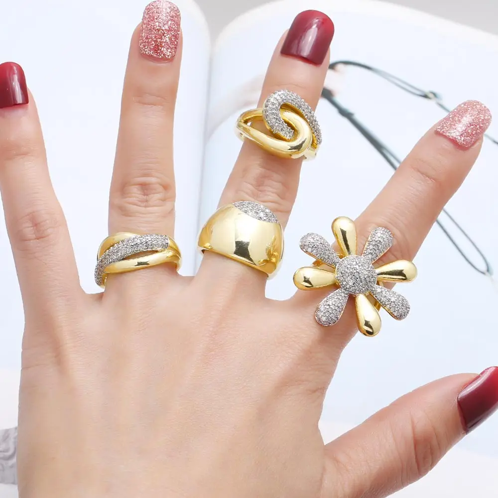 OCESRIO Fashion White Crystal Flower Statement Rings for Women Copper Gold Plated Crossover Open Ring Jewelry Girl Gift rign99