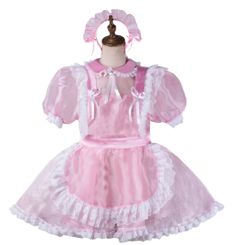 

Multiple Adult Giant Baby Sexy Girls' Pink Satin Sissy Dress with Half Through Organza Short Sleeve Trimmed Tailored by Maid