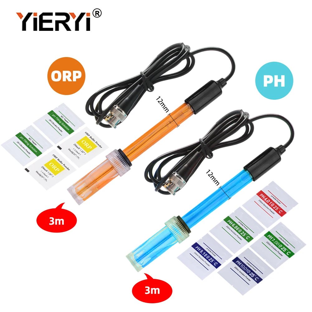 Yieryi PH ORP Probe Sensor 300cm Cable With BNC Q9 Connector For Aquarium Hydroponics Water Test Electrode Replacement KCL Fluid
