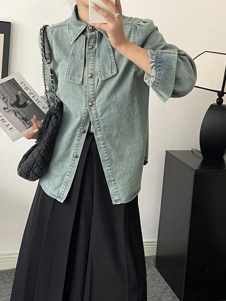 Loose Bow Denim Shirt Women's 2024 Spring New High Quality Retro Gold Buckle Inner Top Casual Commuter Jacket