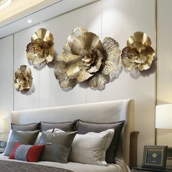 Modern Wrought Iron 3D Gold Flower Wall Mural Decoration Home Livingroom Wall Hanging Crafts Hotel Porch Wall Sticker Ornaments