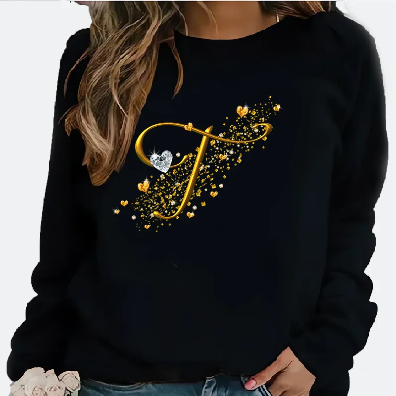 

New Women's Hoodie European Abstract gold Letter Printed Crew-neck Hoodie Sweatshirt Streetwear Women Aesthetic NO.T