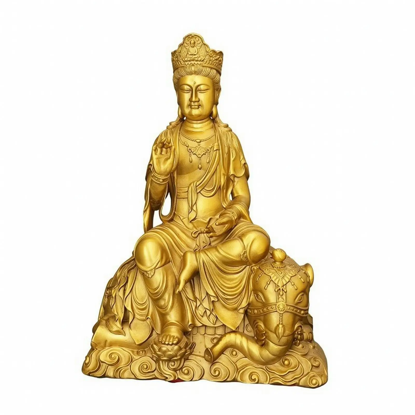 Traditional Chinese Brass Buddha Statue with Crown Layered Robes Carved Base for Altar Meditation Room Decorative Sculpture Art