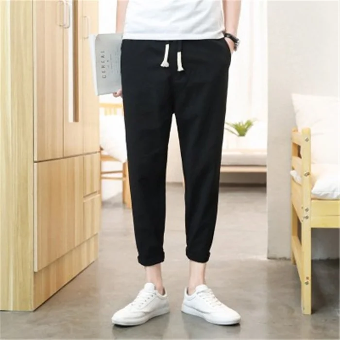 Trendy Cotton Lin Men's Straight Leg Casual Pants Breathable Loose Fit Spor Nine-quarter Length Teenager Summer Loose Clothes