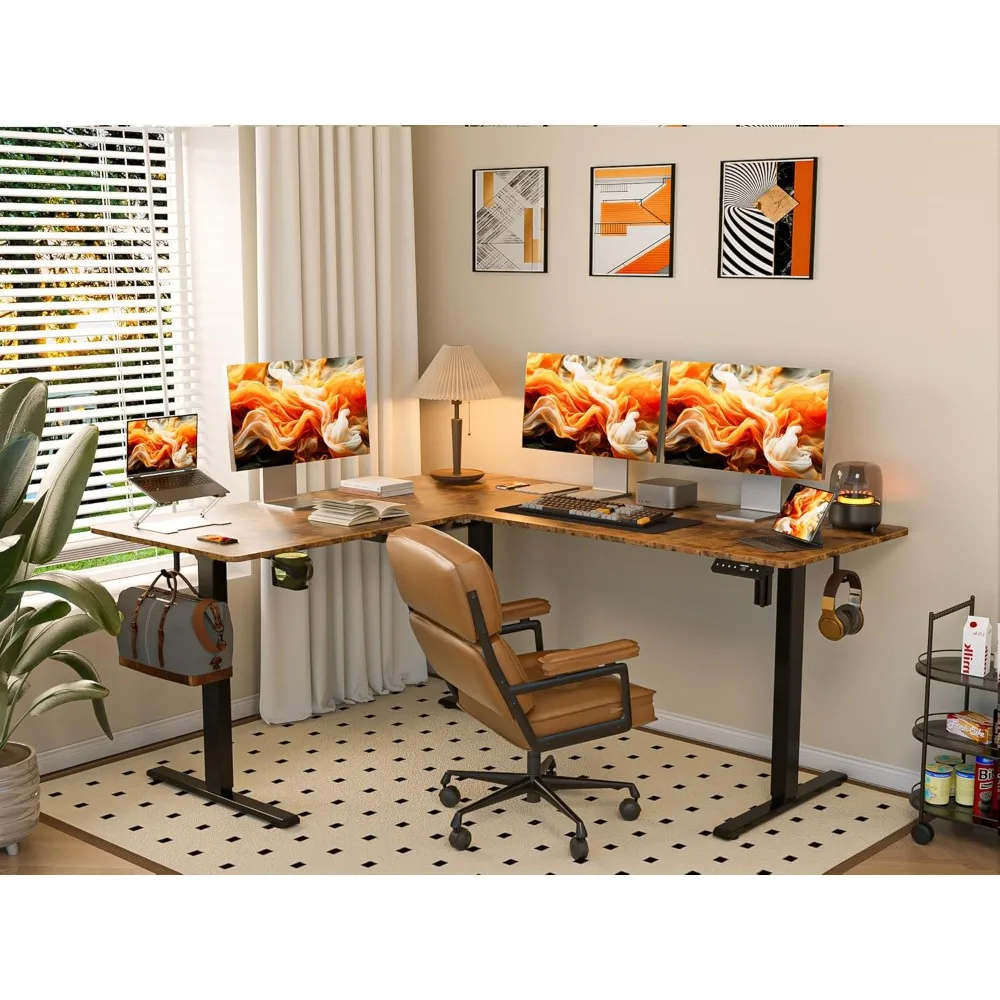 

63 Inches Reversible L Shaped Standing Desk Height Adjustable with Cup Holder, Ergonomic Sit Stand up Gaming Desk