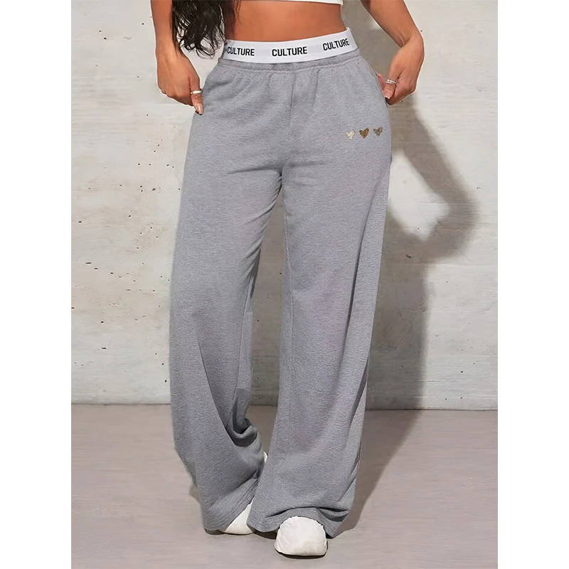 Women's Love Printed Trousers Simple Casual Autumn and Winter Women's Wide Leg Pants Loose and Comfort Female Clothing