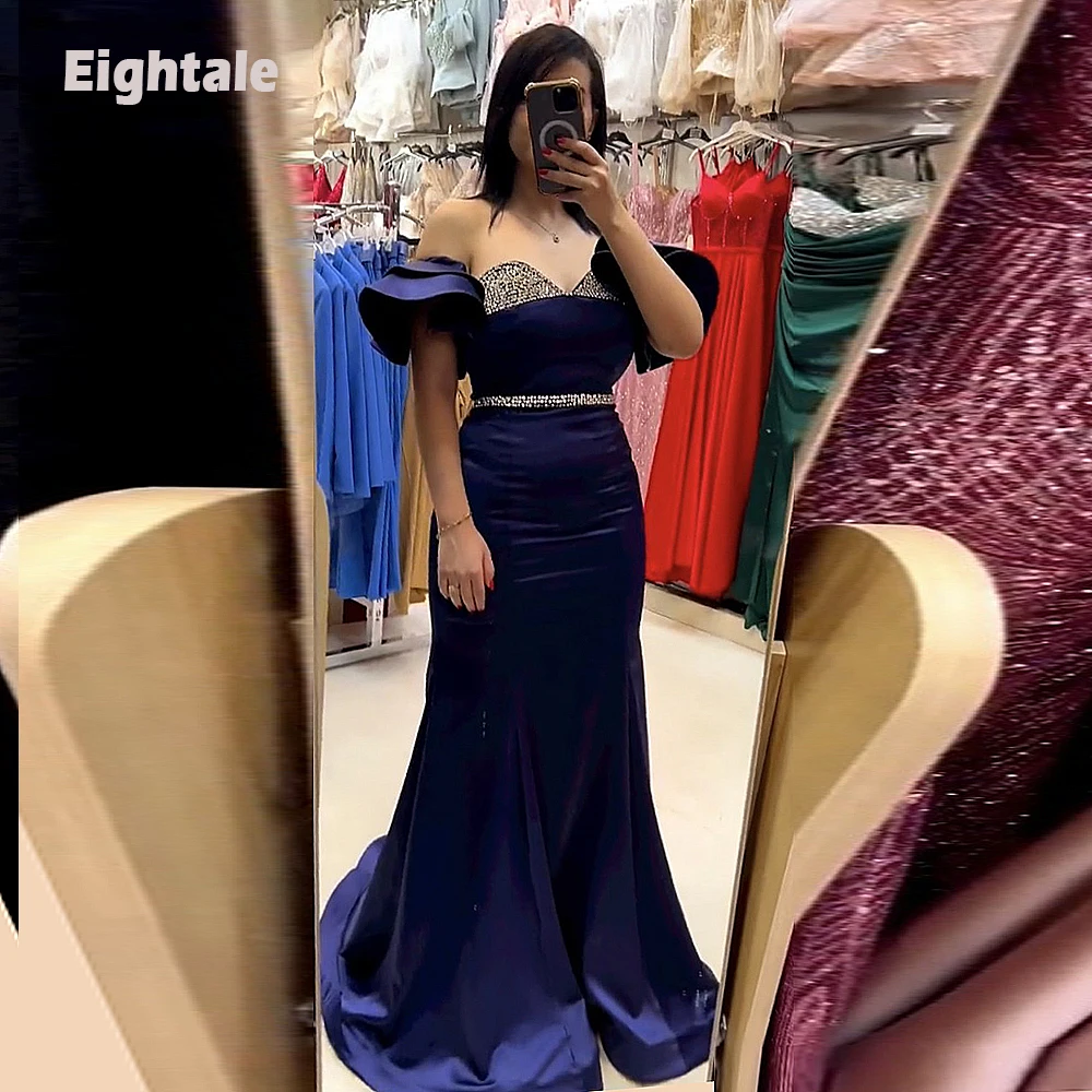 

Eightale Dubai Prom Dresses for Wedding Satin Beaded Short Sleeves Mermaid Evening Gowns Arabic Party Dress robes de soirée