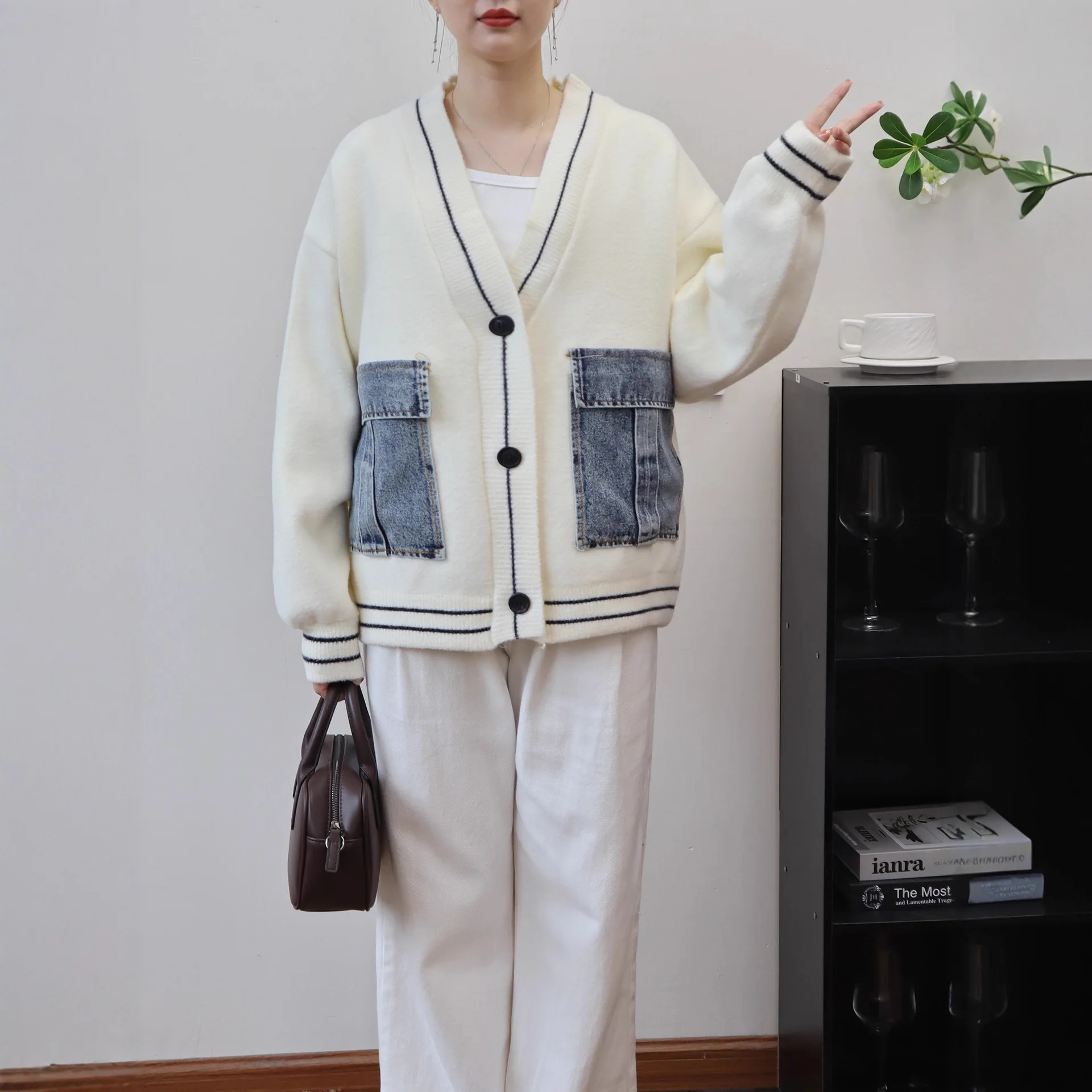 Women Blends Short Coats Casual Wool Jackets Denim Pocket Patchwork Long Sleeves Zipper Loose Office Lady Elegant 2025 Autumn - Image 5