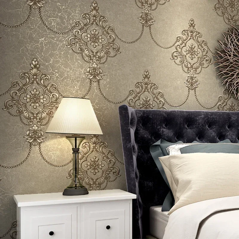 Rollo de papel tapiz Damasco de lujo de estilo europeo, papel tapiz de decoración de pared engrosado no tejido en relieve 3D para sala de estar y