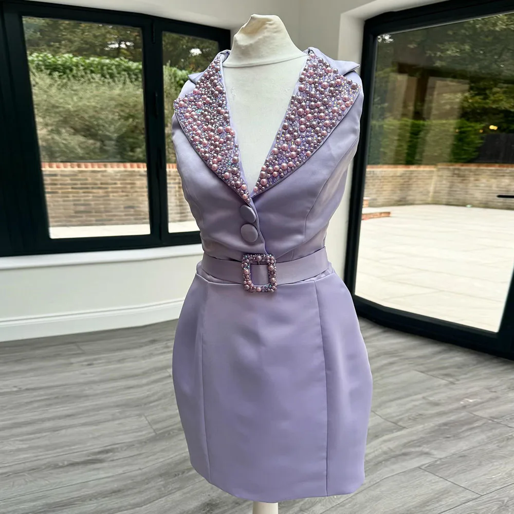 

Luxury Cocktail Dress Sheath Knee Length Sleeveless Cocktail Gown V Neck Party Gown Pearls Beading Prom Dress With Belt