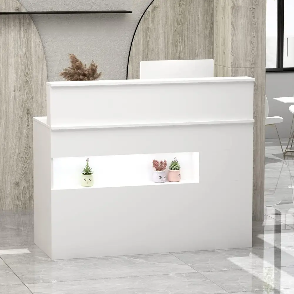 

White Modern Office Reception Desk with Lighting, Display Shelf, Lockable Drawers, and Keyboard Tray (47.2W x 19.7D x 39.2H)