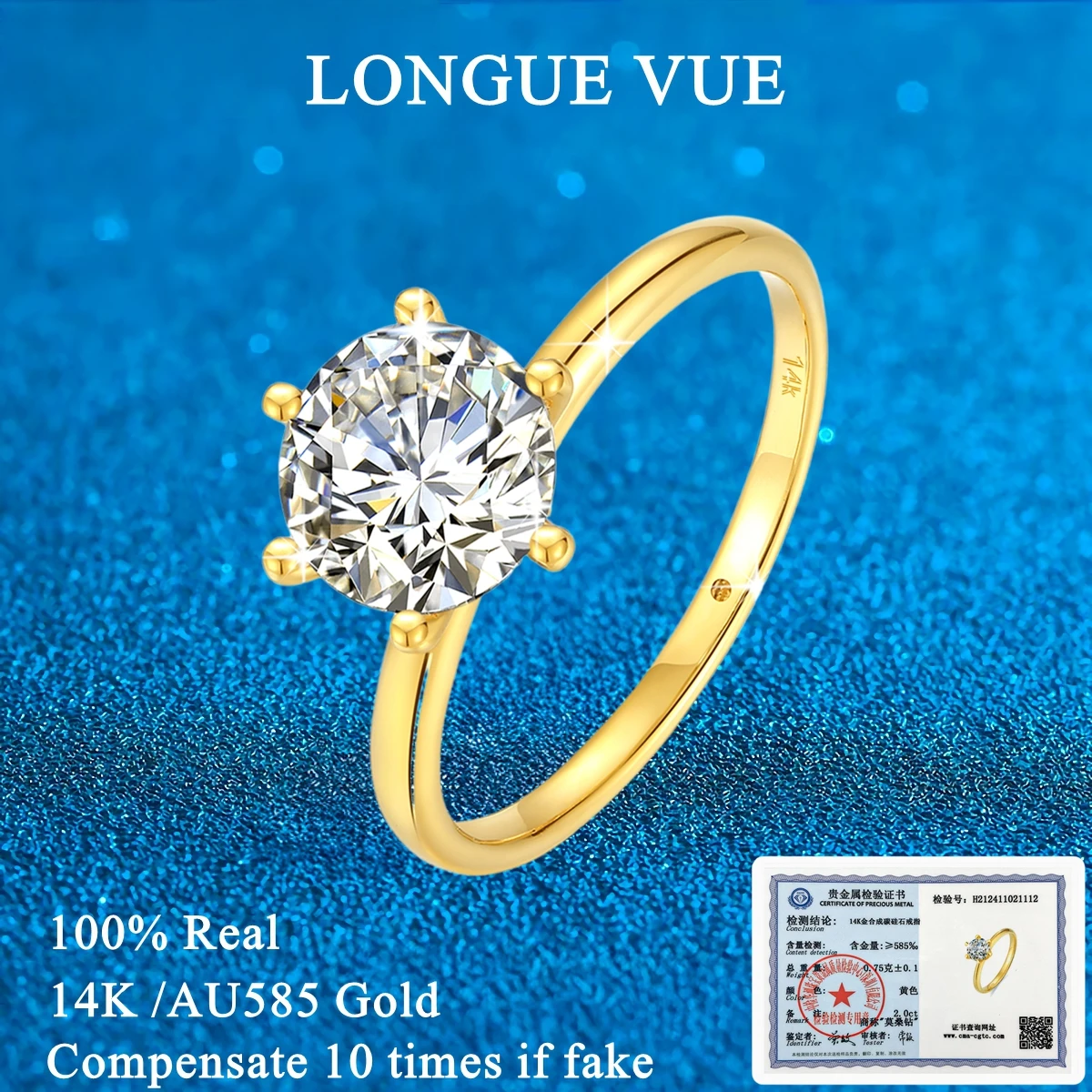 

2ct Moissanite Rings for Women 14K Gold Wedding Band Certified AU585 Yellow Gold D VVS Solitaire Ring for Engagement Party Gift