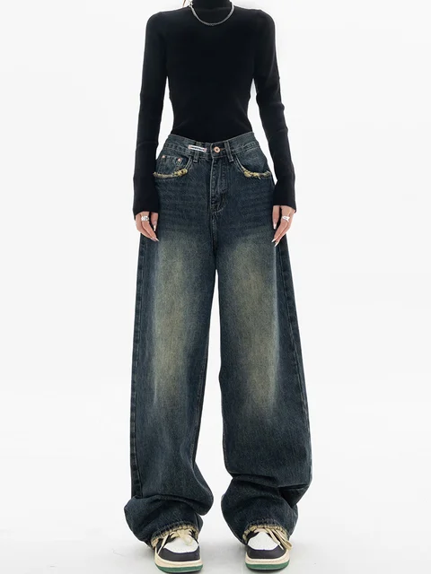 Wiosna jesień dżinsy z szeroką nogawką damskie spodnie dżinsowe z wysokim stanem dżinsy damskie Harajuku Vintage styl BF luźna odzież Femme Streetetwear
