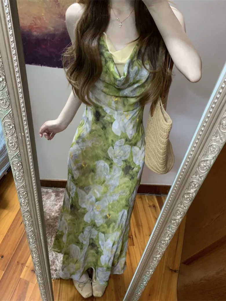 

Kumikumi Gentle Style Color Block Floral Print Halter A-Line Dress Women's Summer Slimming Midi Dress Casual Wear