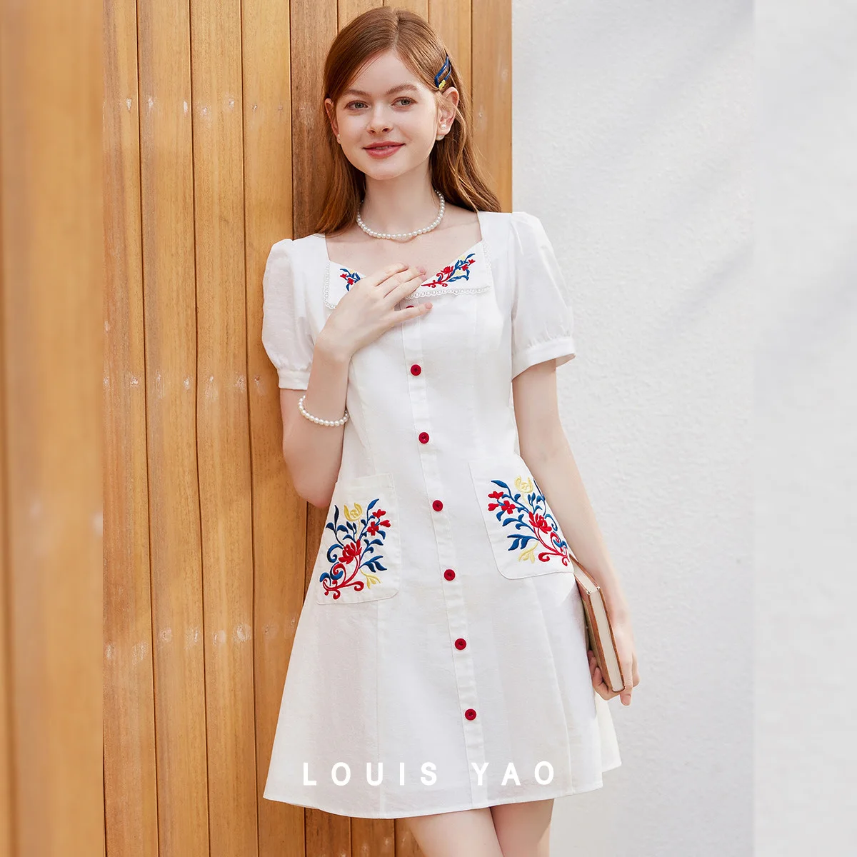 

LOUIS YAO Sweet Pastoral Style Short-Sleeve A-Line Dress 2026 Summer Dress for Women Slim Fit Square Neck Midi Women's Dress