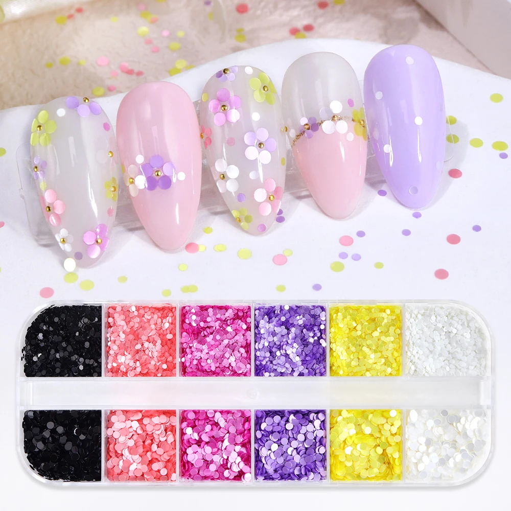 

12 Grids Colorful Round Shaped Nails Art Sequins Glitter 1+2mm Pearlescent Polka Dot Bubble Paillettes Manicure DIY Decorations