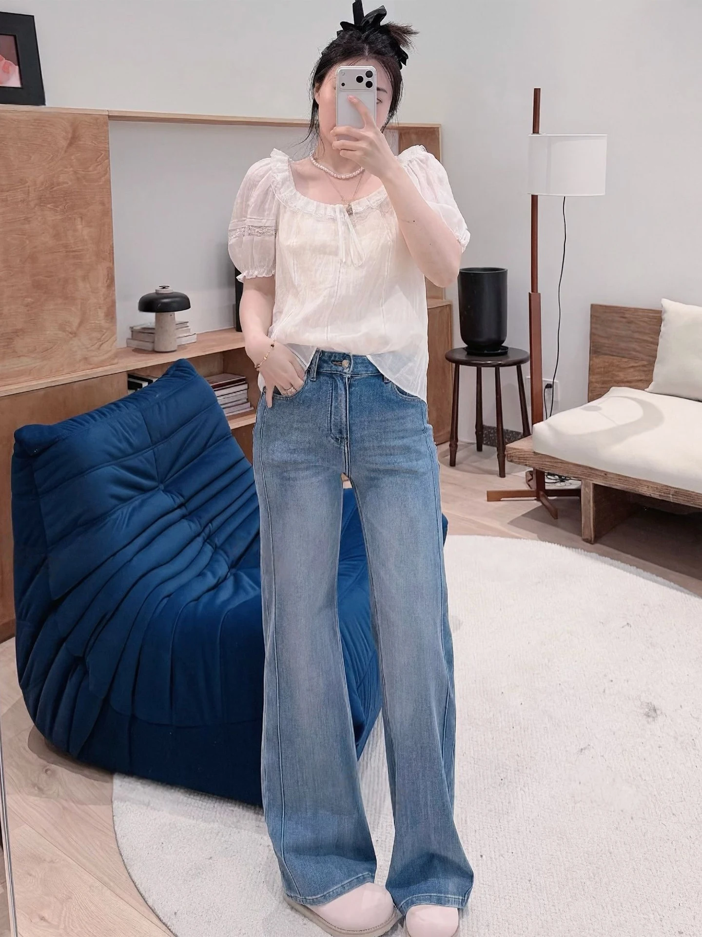 

New York Denim Bell Bottom Blue Washed Jeans with Belt High Waist Cotton Blend Casual Loose Fit Comfortable Spring Autumn