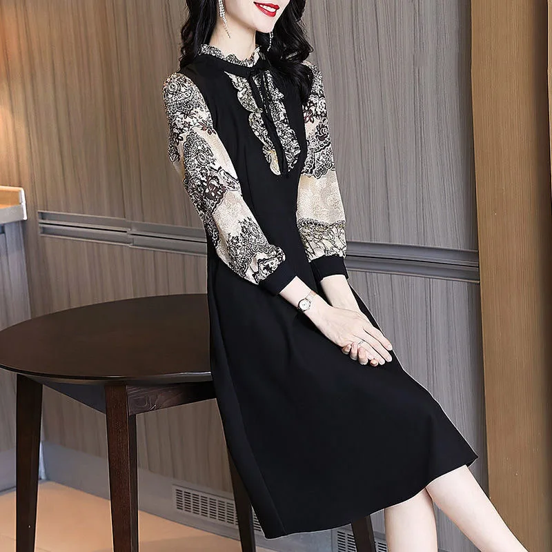 2023 Autumn and Winter Women's Pullover Ruffled Neck Panel Printing Slim Fashion Casual Elegant Commuter Long Sleeve Dress