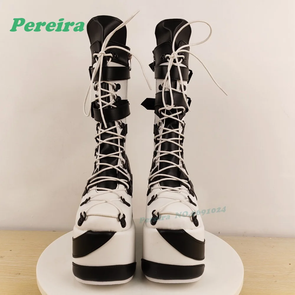 

Stripes Patchwork Platform Mid-Calf Boots Round Toe Wedges Lace-Up Winter Boots for Women Buckled White Black High Heels Luxury
