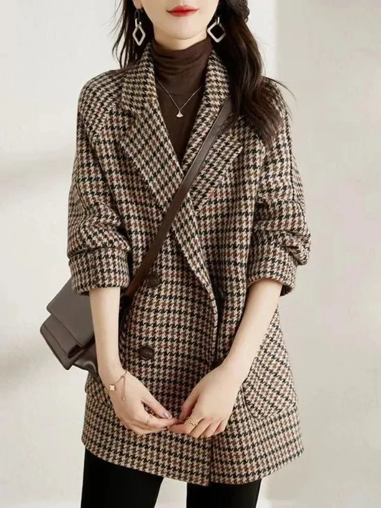 Women Coat Plaid Woolen Coat for Women\'s Autumn Winter Overcoat Korean Fashion Mid Length Coat for Women\'s Clothing Tops