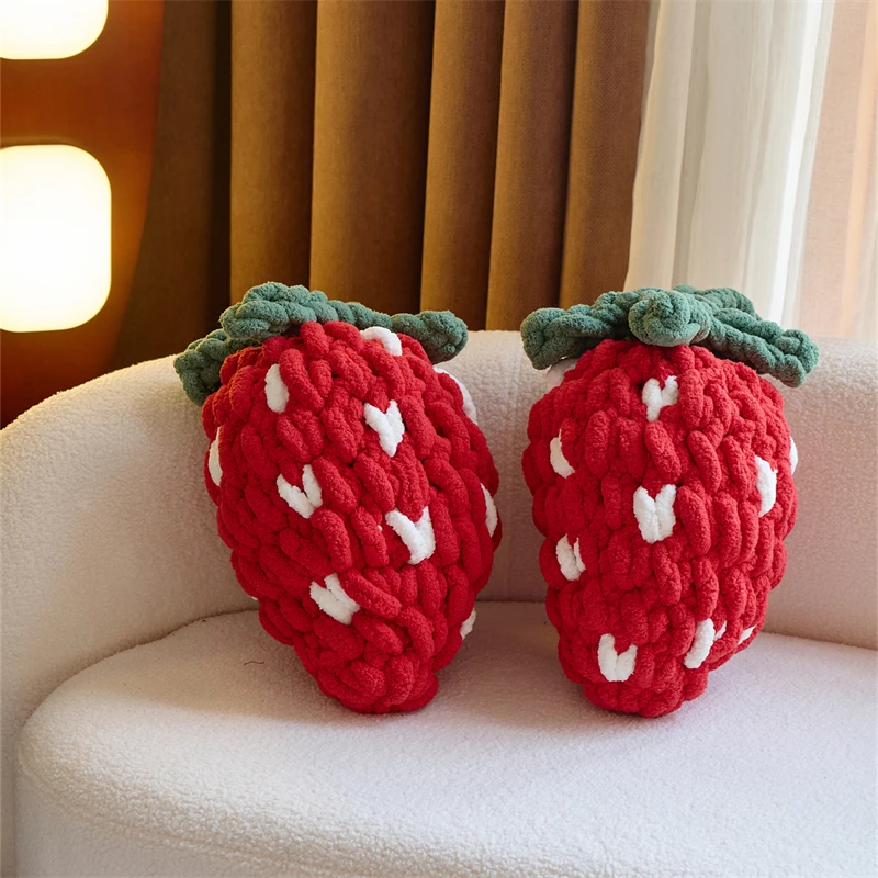 【CHIMU HOME】Cute Strawberry Knitted Pillow with Insert, Chenille Polyester Cushion 38×25cm, Nordic Home Decor