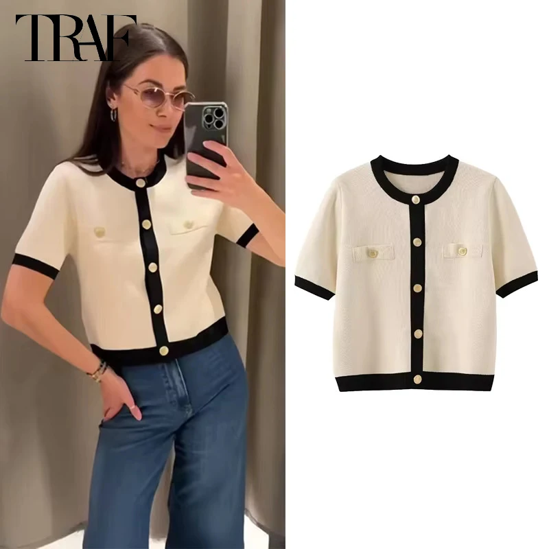 TRAF 2024 Summer Cardigan for Women Knitted Cropped Sweaters Cardigans Women Short Sleeve Knit Cardigan Woman Button Top Female