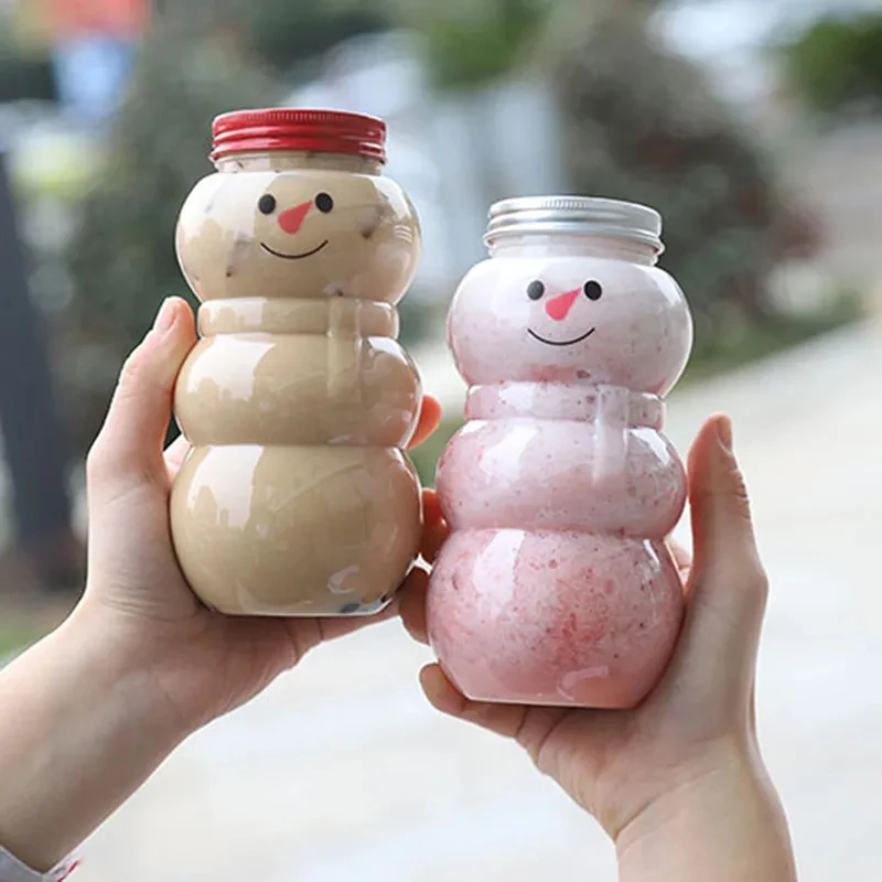 2pcs Christmas Snowman Plastic Bottle Milk Tea Cold Drink Cup Xmas Party Candy Can Gift Thickened Wrapping Bottles Bar Supplies