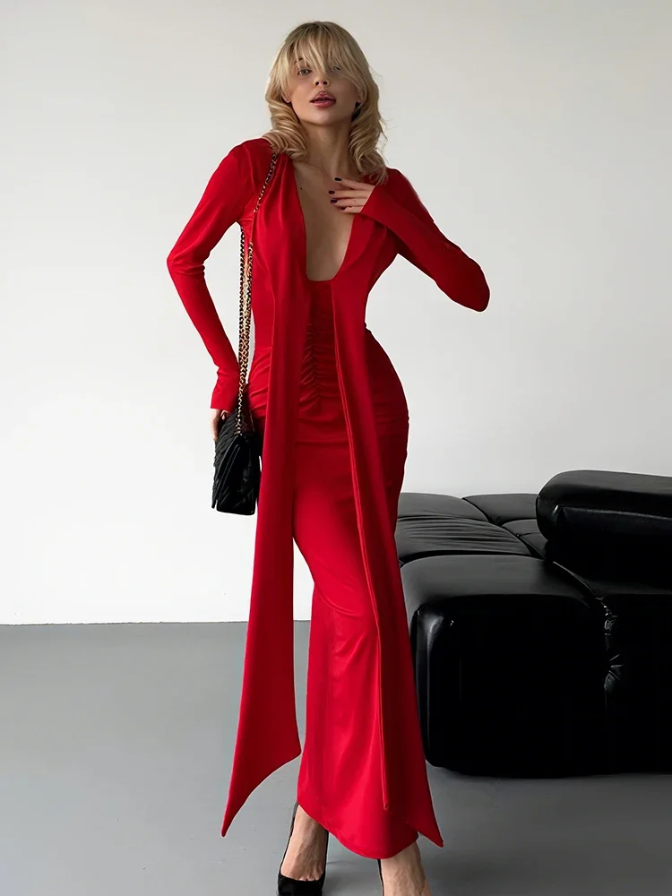Chaxiaoa Sexy Women Maxi Dress Simple Long Sleeve Deep V-Neck Super Ribbon Ruched Stretchy Elegant Skinny Peach Hip Bodycon