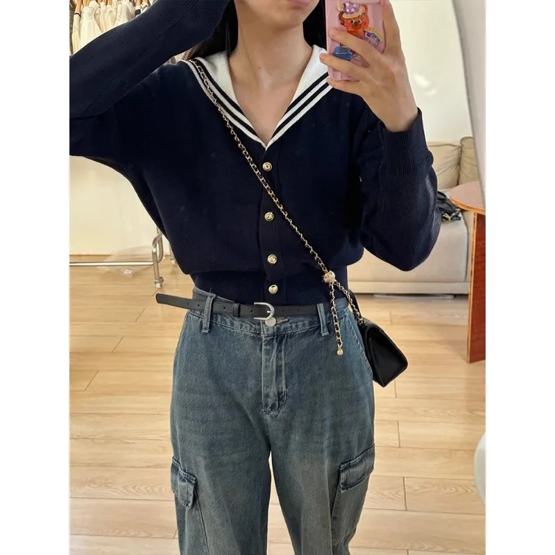 Deeptown Vintage Sailor Collar Women Cardigan Preppy Basic Sweater Korean Style Spring Knitwear White Jumper Japanese Aesthetic