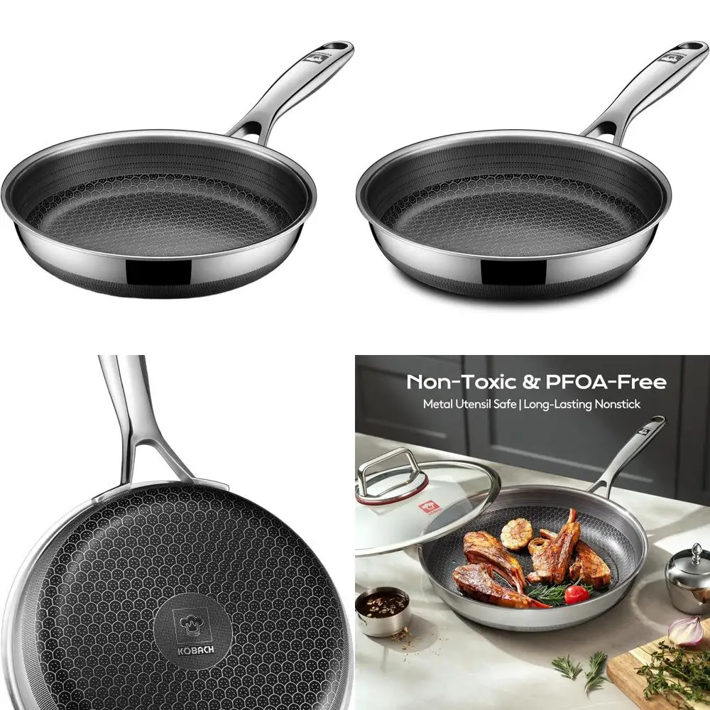 

8-дюймовая сковорода из нержавеющей стали с антипригарным покрытием — можно мыть в посудомоечной машине и в духовке, совместима с индукционной и газовой плитой, нетоксичная, легко чистится