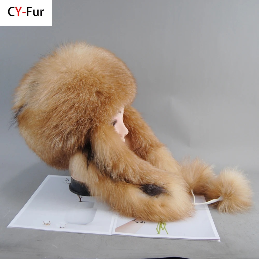 

Women Winter Warm Fluffy Stylish Female Tail Cap Fashion Real Fur Hats Natural Fox Fur Russian Aviation Hat with Ears Ushanka