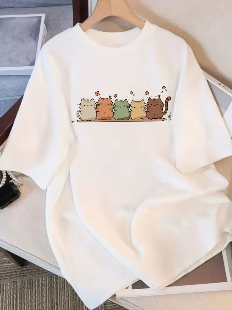 Cartoon Cat Star Print Loose Fit Womens Top Oversized Casual Shirt Daily Wear Plus Size Easy Wear Fashion Tops