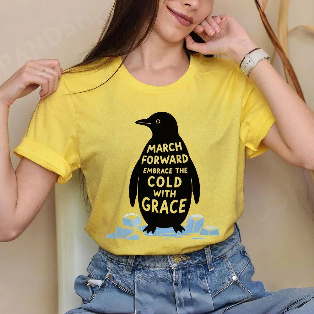 

Penguin March Forward Cold Grace Y2K Women‘s Clothes Cotton Casual T-Shirt Crew Neck Graphic Tees Street Wear Colorful