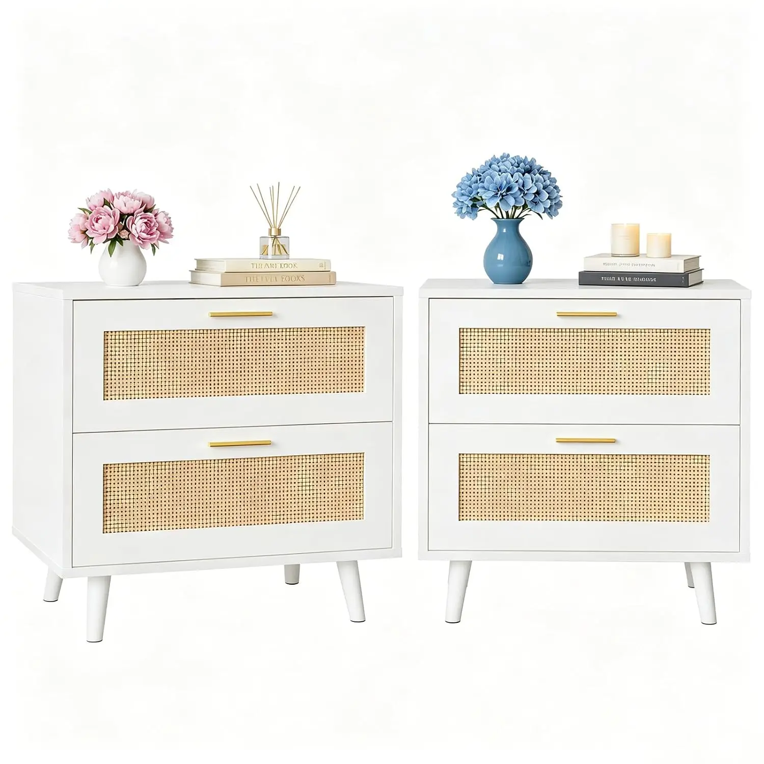 Rattan Nightstand Set of 2 with Charging Station, Boho Bedside Table, Customized