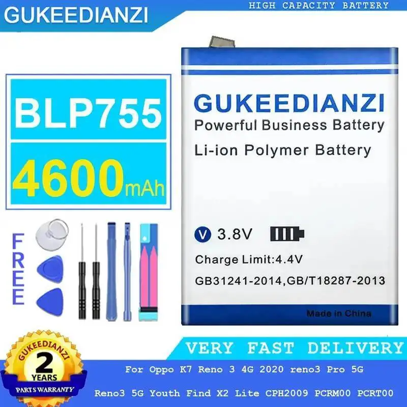 

Mobile Phone Battery BLP755 4600Mah For Oppo K7 Reno 3 4G 2020 Reno3 Pro 5G Youth Find X2 Lite CPH2009 PCRM00 PCRT00