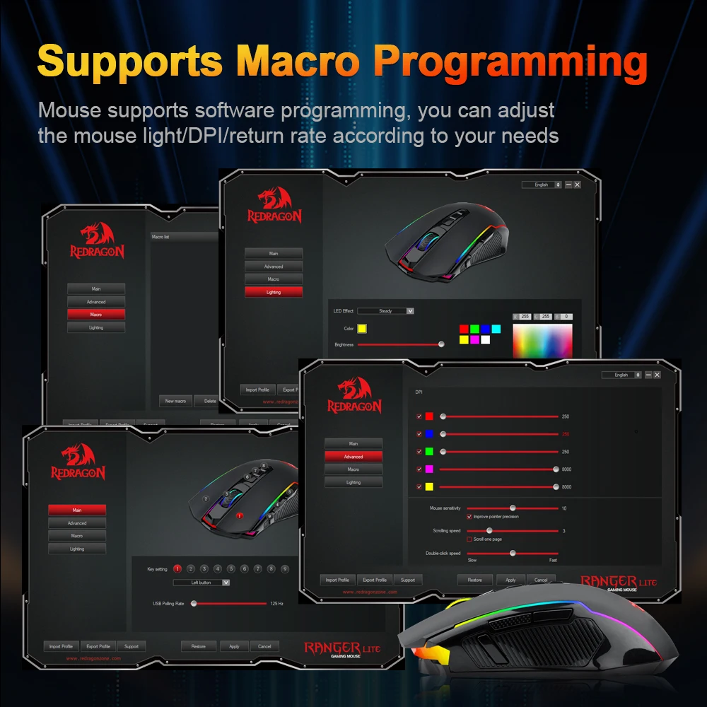 REDRAGON RANGER LITE M910-KS RGB USB 2.4G ماوس ألعاب لاسلكي 8000 ديسيبل متوحد الخواص 10 أزرار قابلة للبرمجة لألعاب الكمبيوتر والفئران والكمبيوتر المحمول