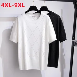 New 2022 Ladies Summer Plus Size Tops For Women Large Size Short Sleeve Elastic White Black Knit T-shirt 4XL 5XL 6XL 7XL 8XL 9XL