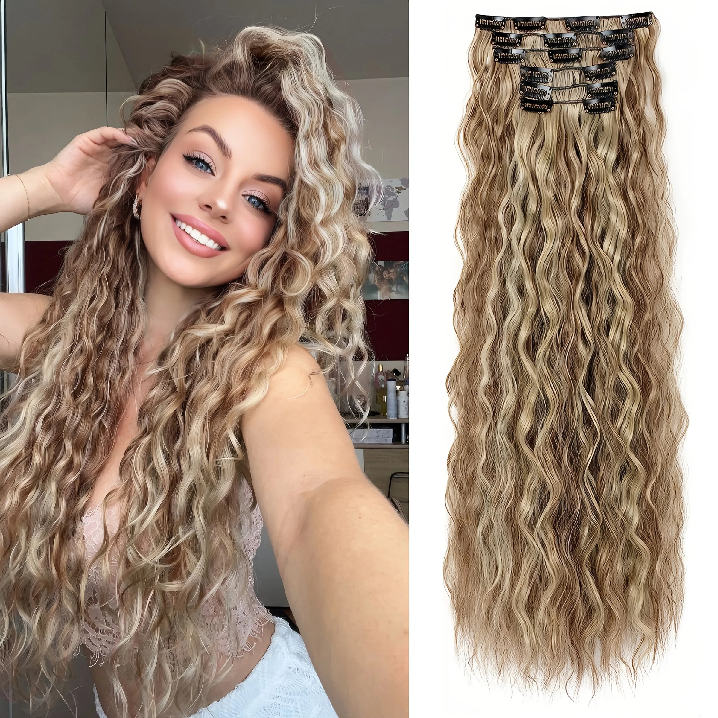 Clip-in hairextensions, 22 inch lange losse golvende hairextensions, onzichtbaar natuurlijk zacht voor dames bruin met highlights