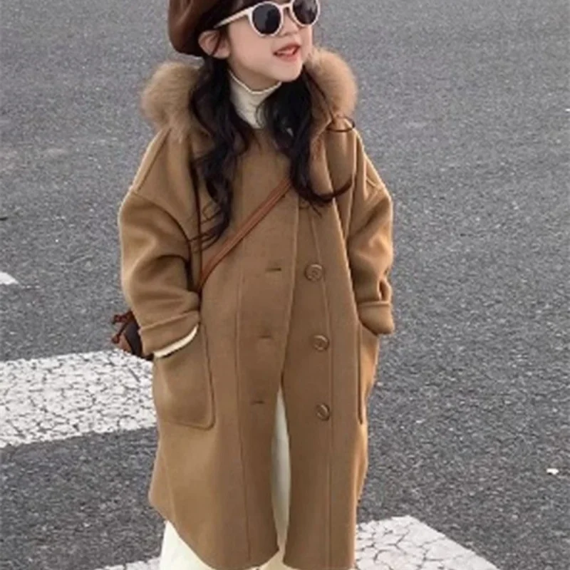 Girls Woolen Coat Overcoat Jacket Windbreak Outerwear 2024 Furs Thicken Winter Warm Snowsuits Christmas Gift Children's Clothing